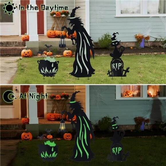 Halloween Decorations Outdoor- 3 Pack Metal Witch Yard Stakes with Solar Lantern - Picture 6 of 7